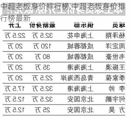 中超老板身价排行榜,中超老板身价排行榜最新